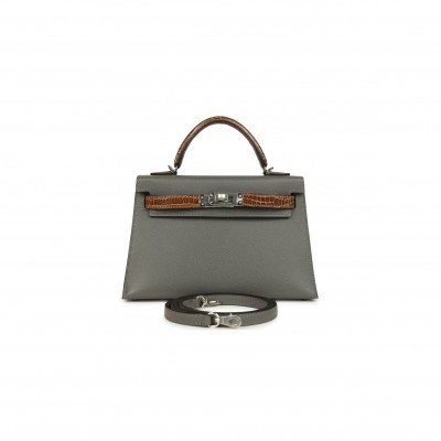 HERMÈS MASTER MINI KELLY SELLIER GRIS MEYER MADAME AND FICELLE SHINY ALLIGATOR TOUCH PALLADIUM HARDWARE (19*12*5.5cm) 